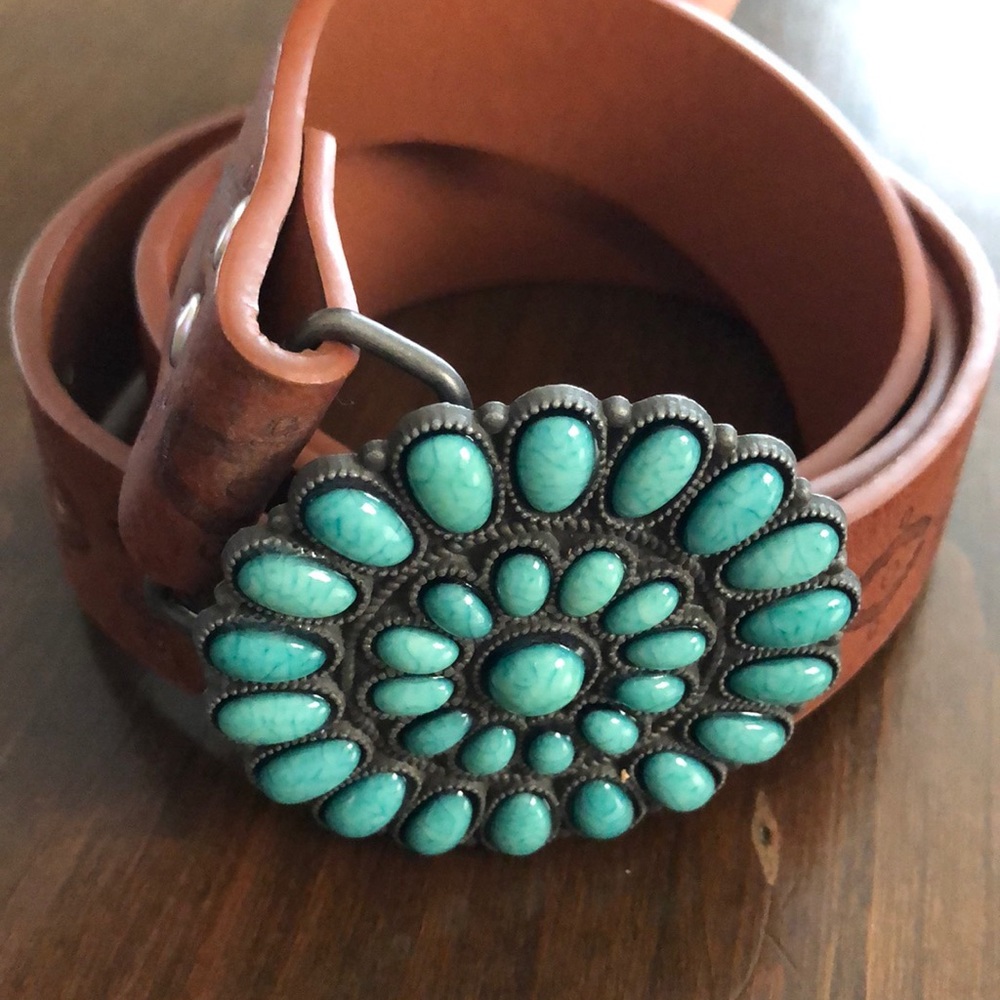Faux Leather Belt with Turquoise Buckle